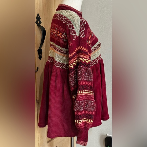 Free People Cabin Fever Burgundy Patterned Tunic Half Zip Tunic Top - Picture 4 of 5